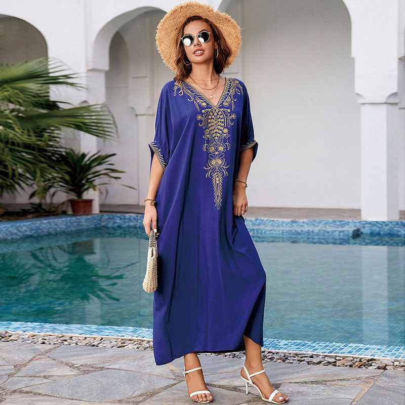 Women's elegant beach kaftan with elaborate embroidery and pockets Ivyshape
