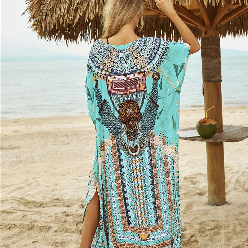 Ladies beach tunic with artistic print and side slits Ivyshape