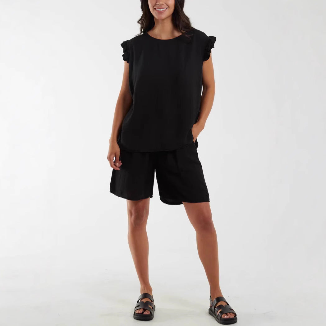 Women's Relaxed Fit Ruffle Sleeve Two-Piece Set Ivyshape