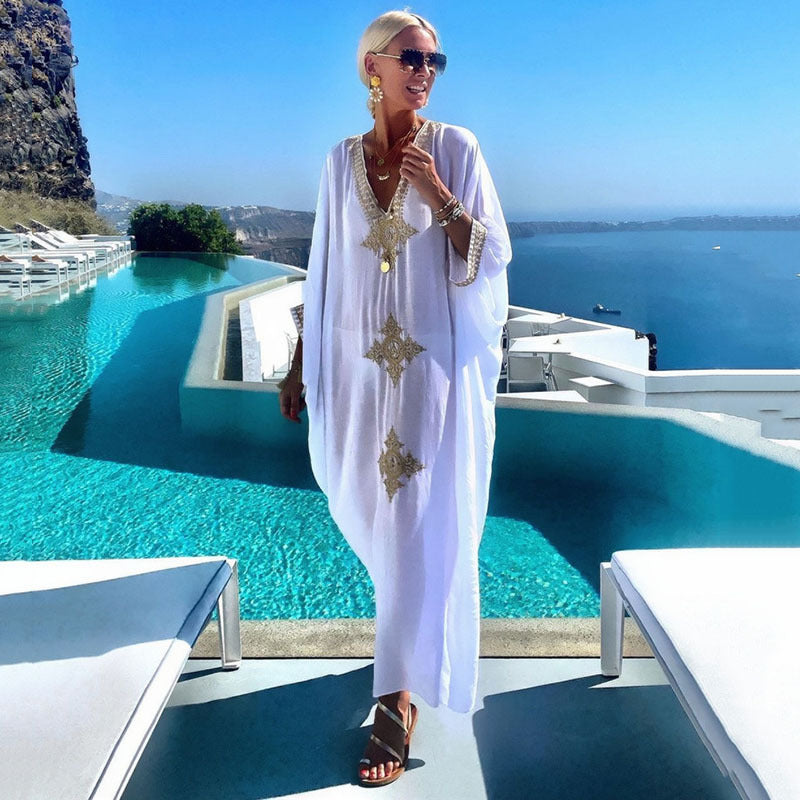 Women's Maxi Kaftan with Artistic Embroidery and Elegant V-Neck Ivyshape