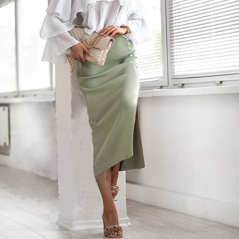Ladies Split Button-Front Ribbed Maxi Skirt Ivyshape