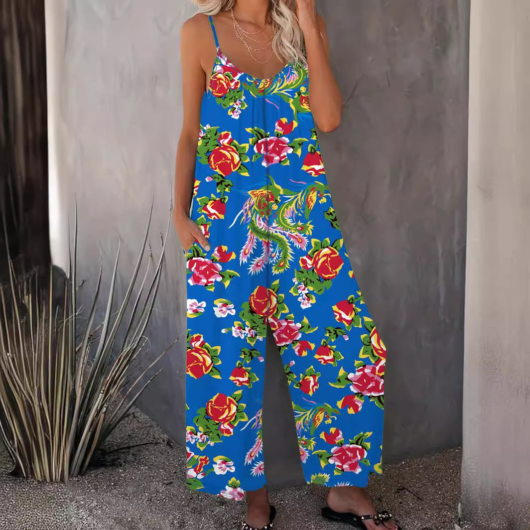 Ladies Floral Print Wide Leg Jumpsuit Ivyshape