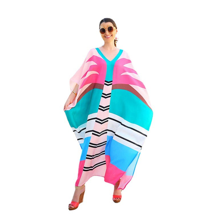 Women's beach caftan with asymmetrical color design and deep V-neck Ivyshape