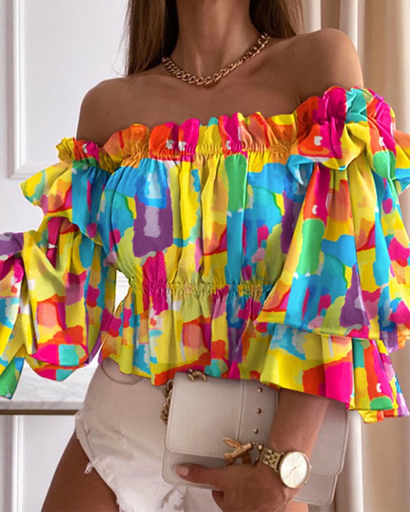 Women's Off-Shoulder Blouse with Voluminous Sleeves and Floral Pattern Ivyshape