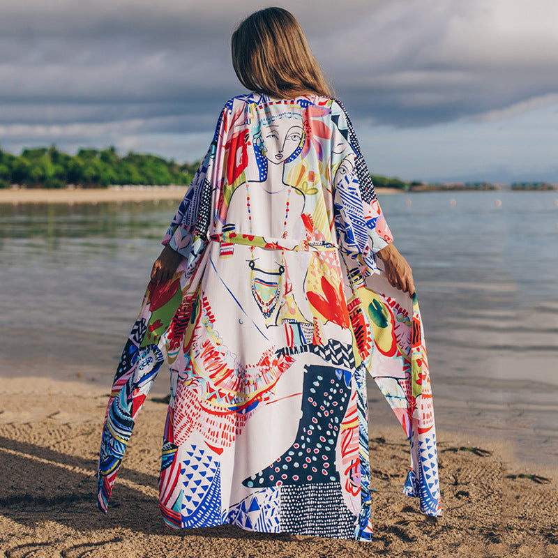 Women's trendy beach kimono with deep side slits and colorful pattern Ivyshape