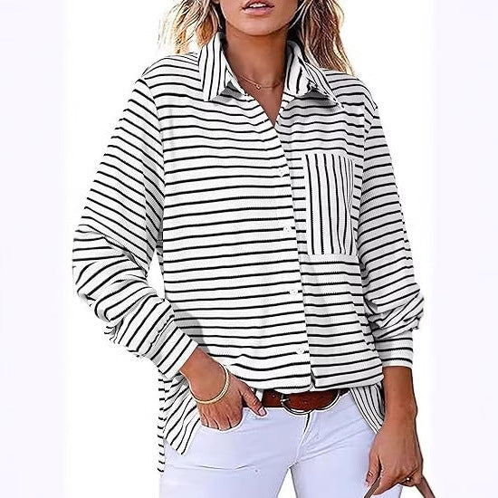 Women Casual Striped Blouse with Pocket and Button Placket Ivyshape