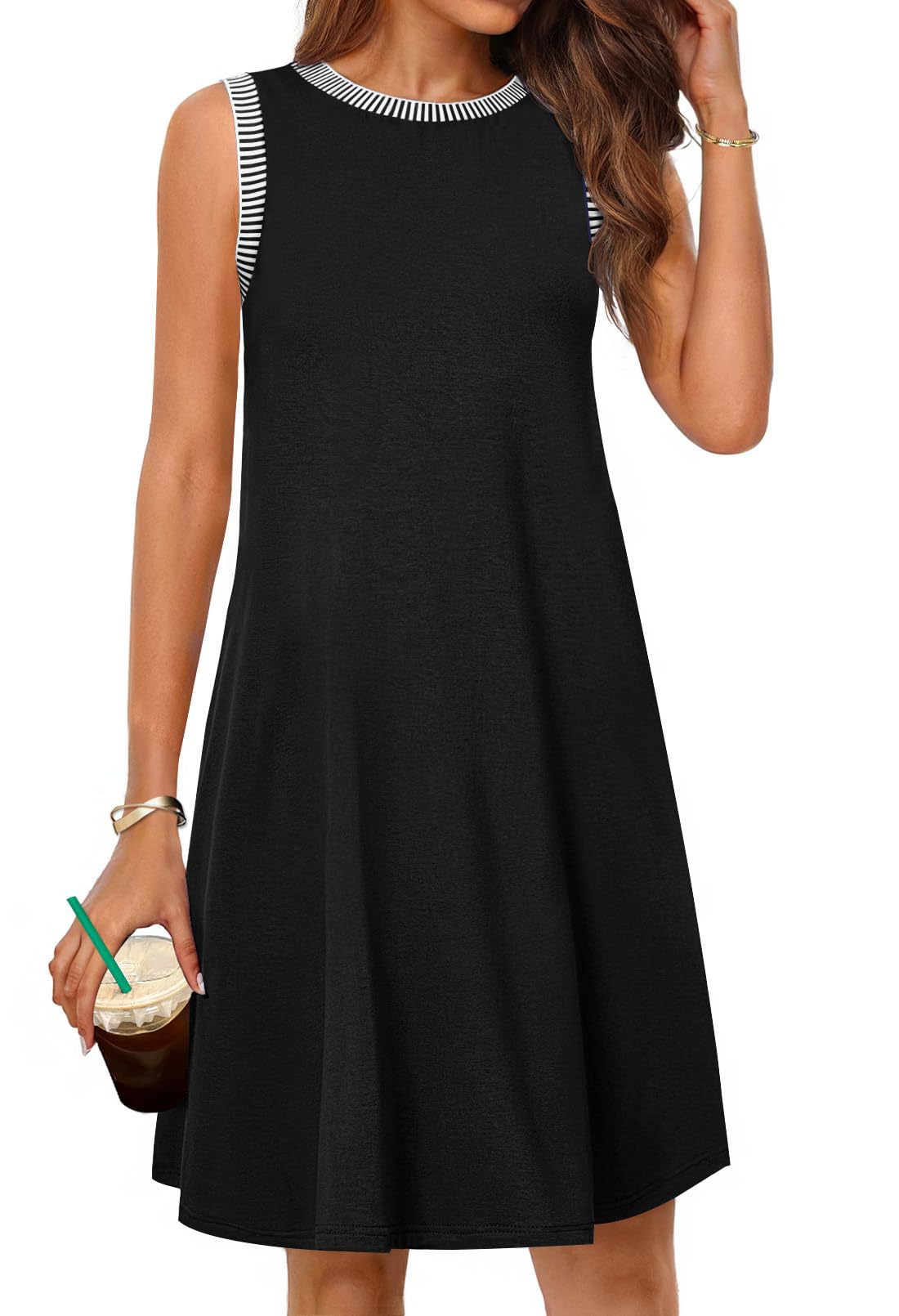 Women's A-line casual dress with striped sleeves Ivyshape