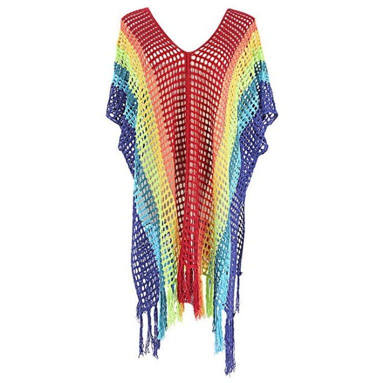 Women Airy Beach Tunic with Colorful Fringes and Mesh Design Ivyshape