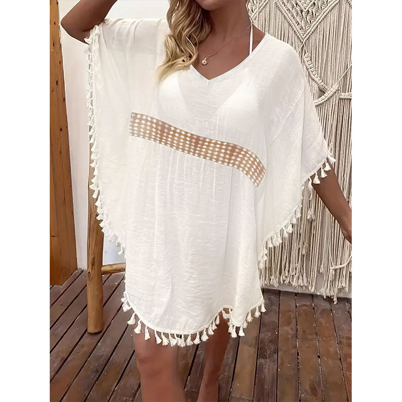 Women's beach cover-up with elegant neckline and fringe Ivyshape