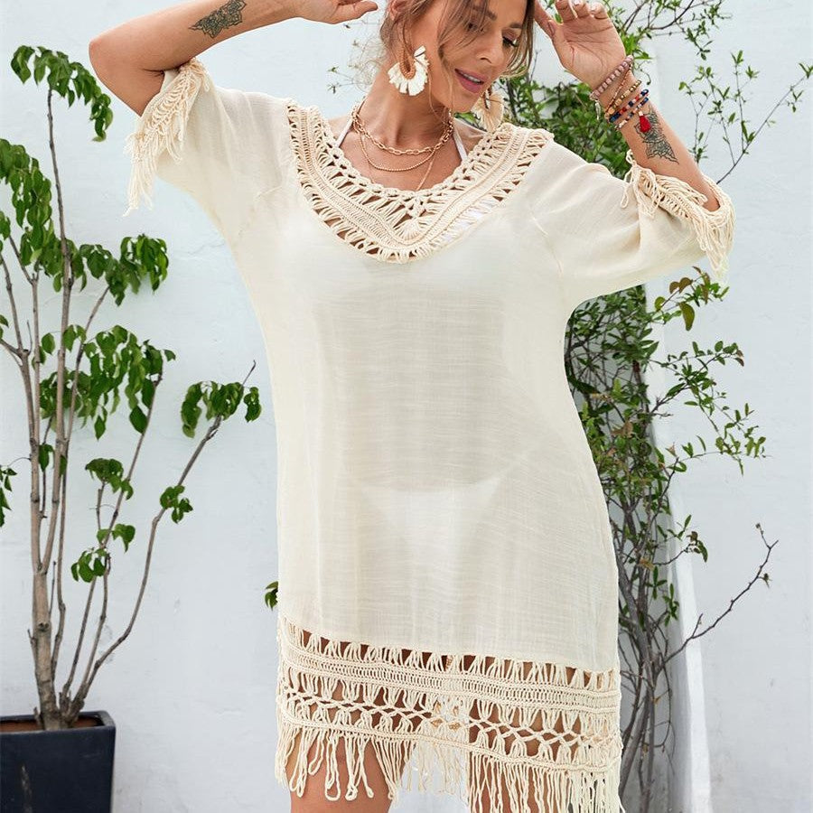 Women’s beach cover-up with stylish fringes and attractive crochet accents Ivyshape