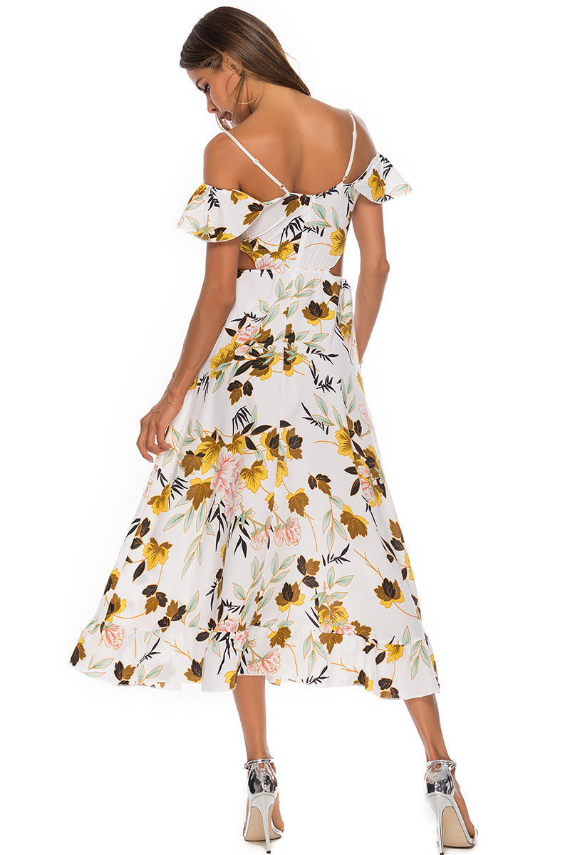 Women's Off-Shoulder Maxi Dress with Ruffle Details and Floral Pattern Ivyshape