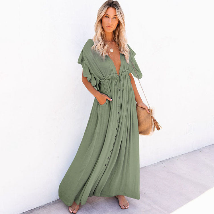 Women's Maxi Dress with Ruffle Details and Practical Pockets Ivyshape