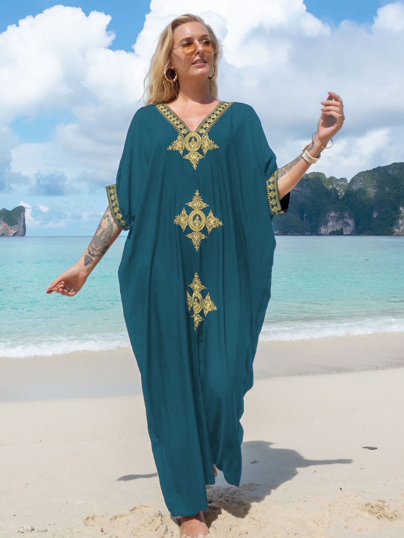 Women's Maxi Kaftan with Artistic Embroidery and Elegant V-Neck Ivyshape