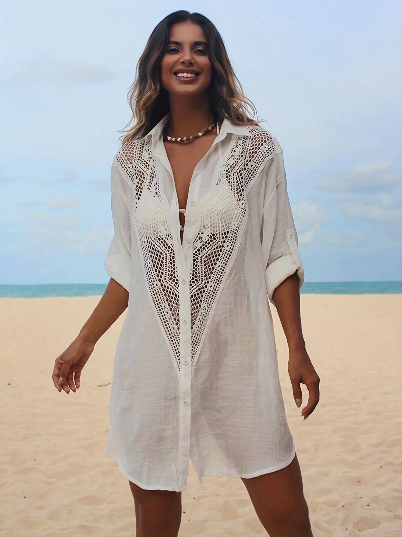 Women's beach shirt with elegant crochet accents and casual cut Ivyshape