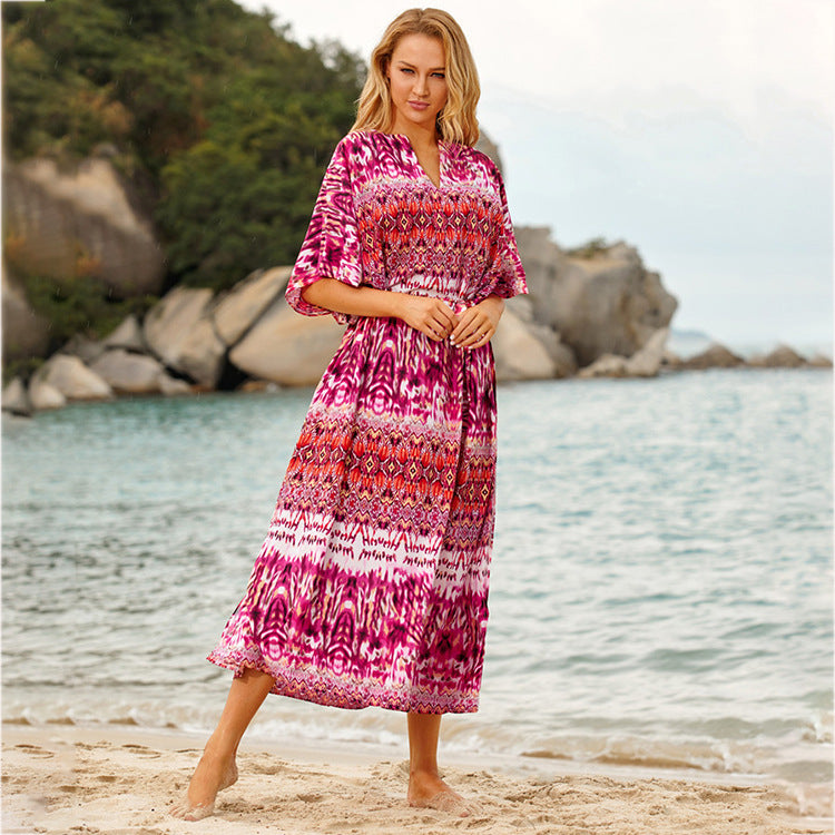 Ladies wrap dress with striking ethnic pattern and airy sleeves Ivyshape