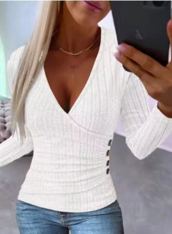 Women's Ribbed Knit Deep V-Neck Long Sleeve Top Ivyshape