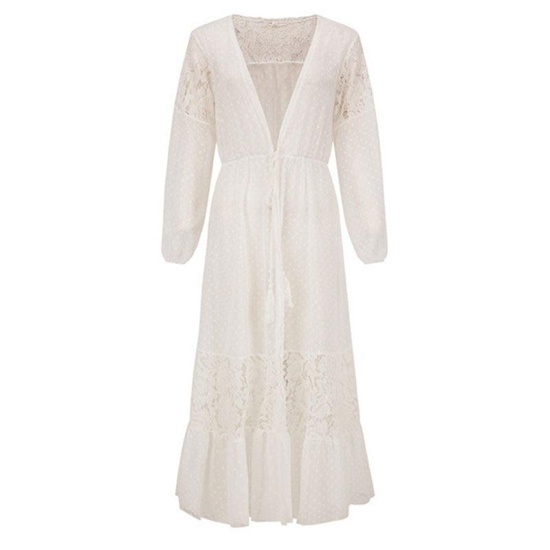 Women's transparent beach robe with delicate lace and crochet accents Ivyshape