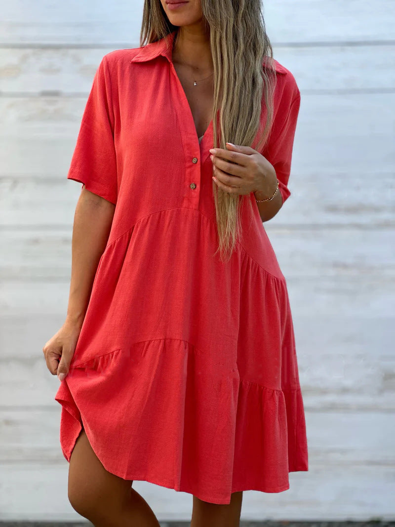 Women Short Sleeve Button-Up Swing Dress Ivyshape