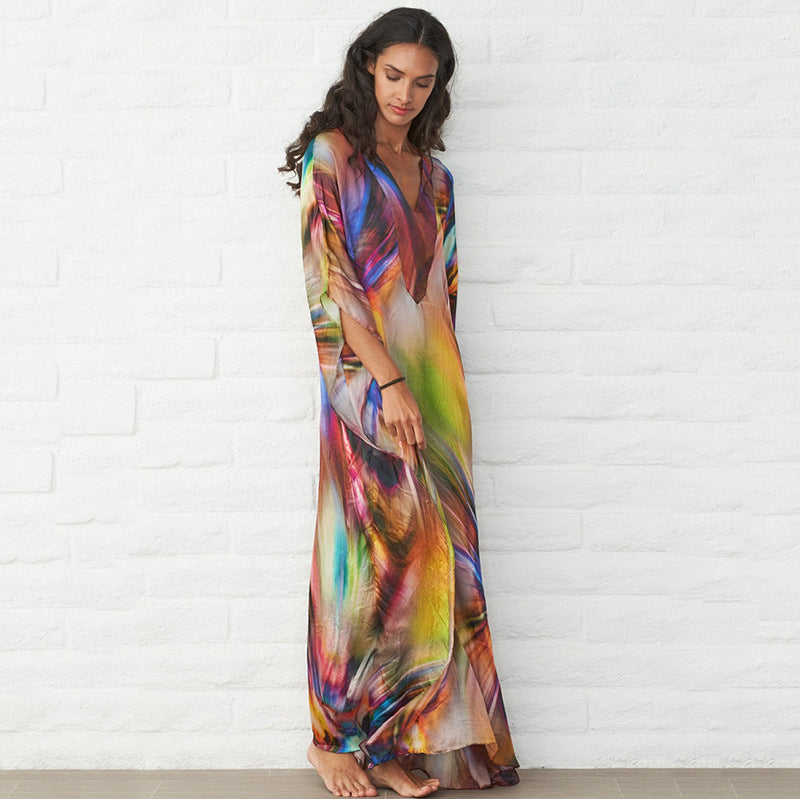 Ladies Maxi Beach Dress with Flowing Color Gradient and Loose Fit Ivyshape