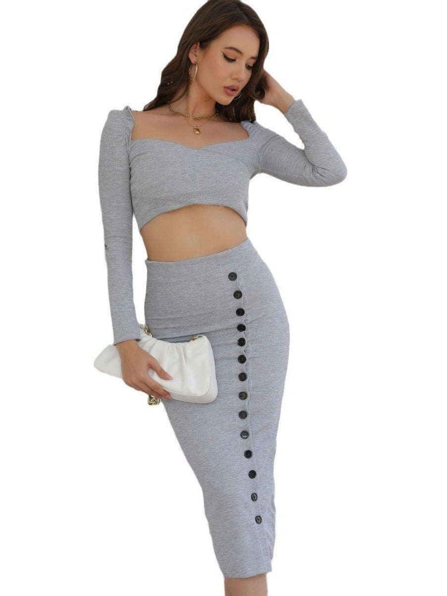 Women Crop Top with Button Detail and Midi Skirt Set Ivyshape