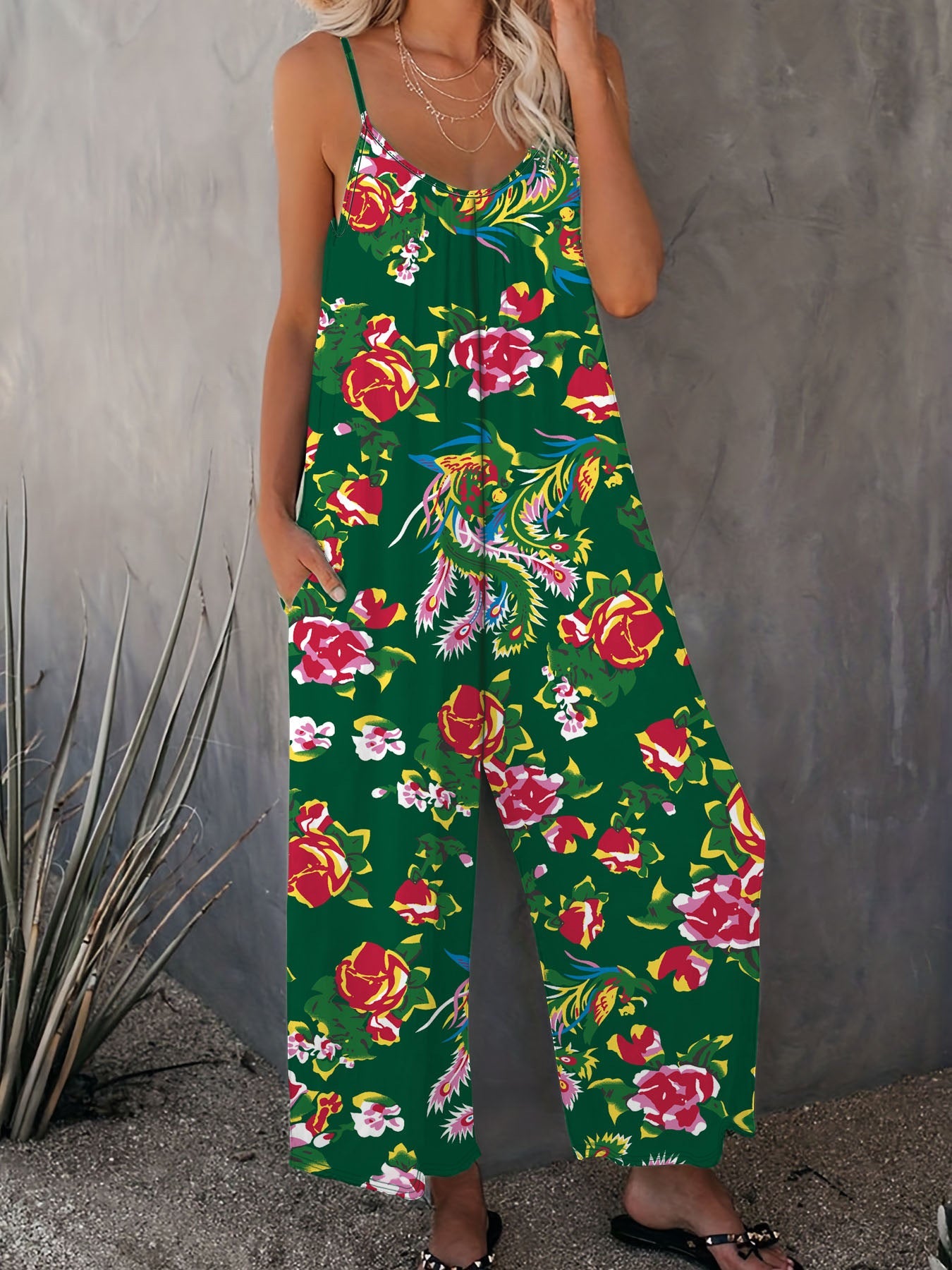 Ladies Floral Print Wide Leg Jumpsuit Ivyshape