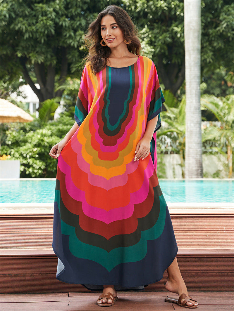 Women's trendy beach kaftan with colorful wave pattern and wide sleeves Ivyshape