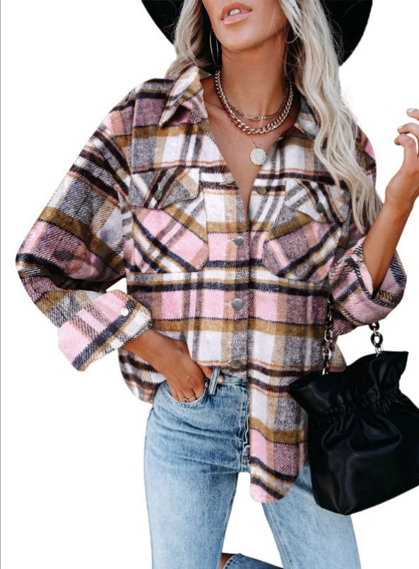 Women casual check blouse with decorative buttons and patch pockets Ivyshape