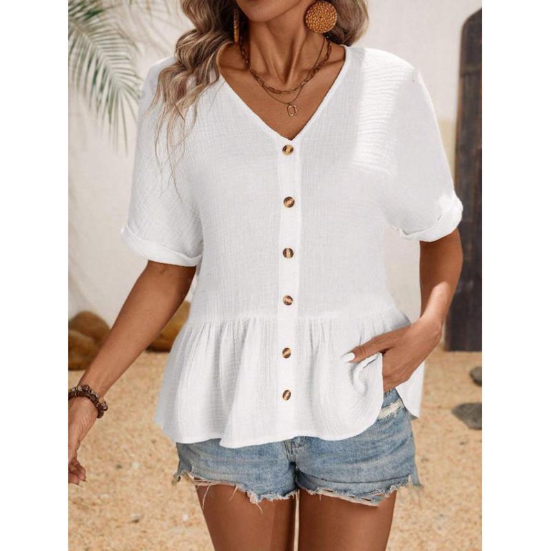 Ladies V-neck blouse with button detail and ruffled hem Ivyshape