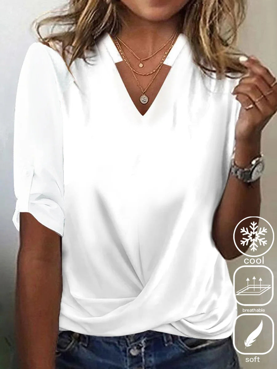 Ladies Leisure V-Neck T-Shirt with Rolled-Up Sleeves Ivyshape