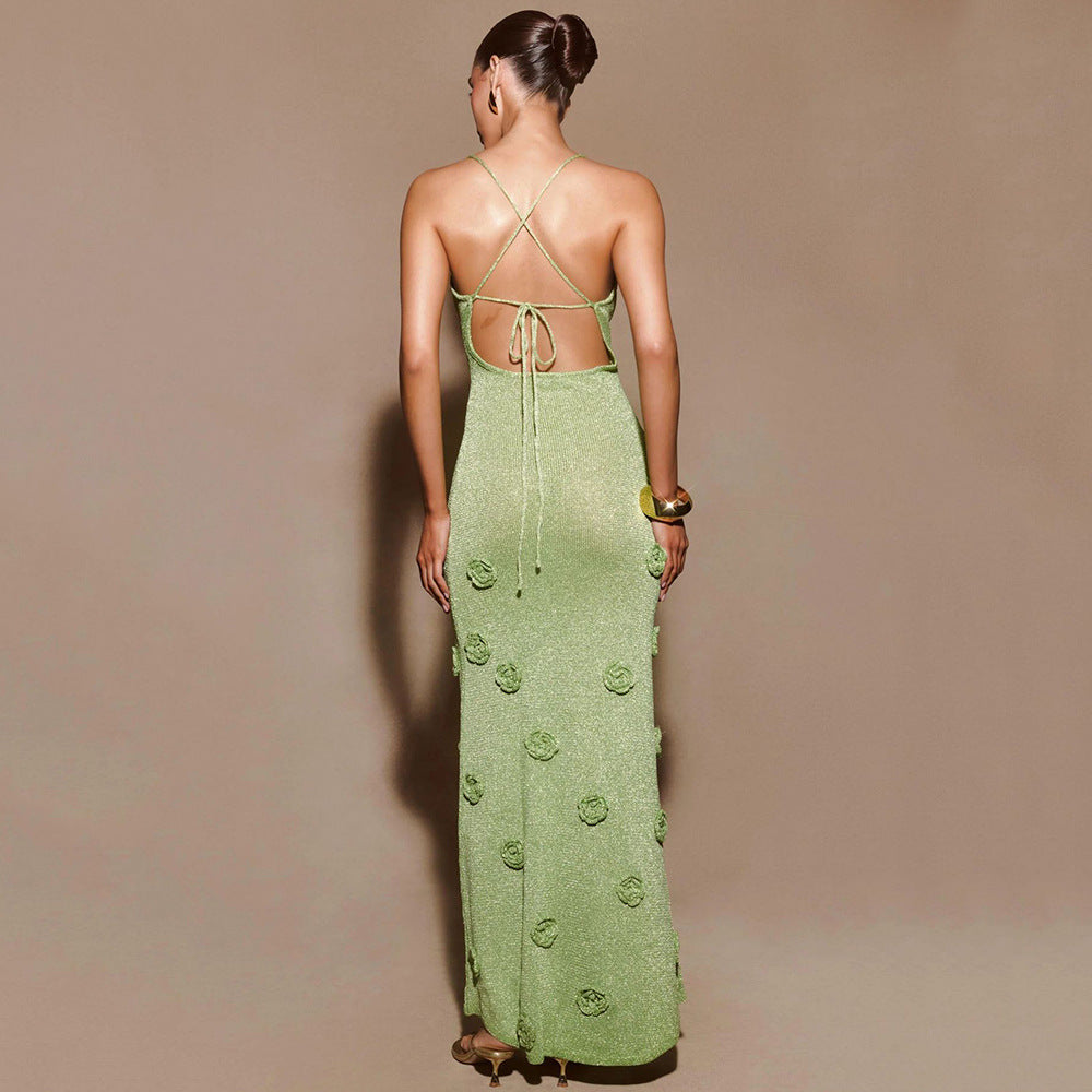 Women's maxi dress with shiny fabric and floral design Ivyshape