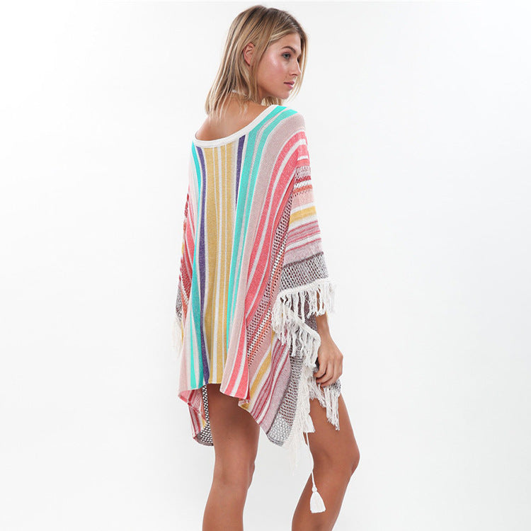 Women's Beach Poncho with Colorful Fringe Design Ivyshape