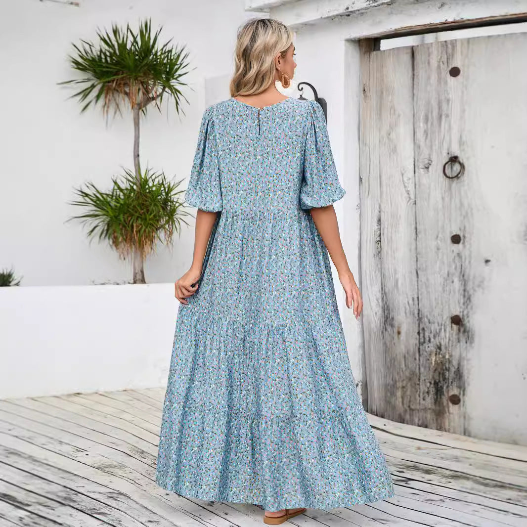 Women's maxi dress with playful floral design and elastic waist tie Ivyshape