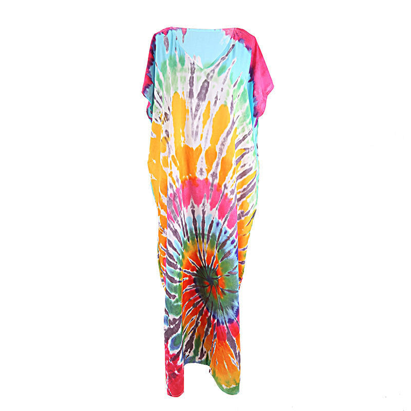 Women’s maxi dress in a colorful style with a V-neck and side slits Ivyshape