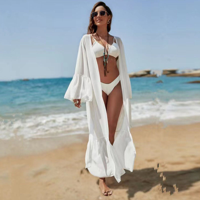 Women's Beach Robe with Elegant Tie Belt and Sophisticated Puff Sleeves Ivyshape