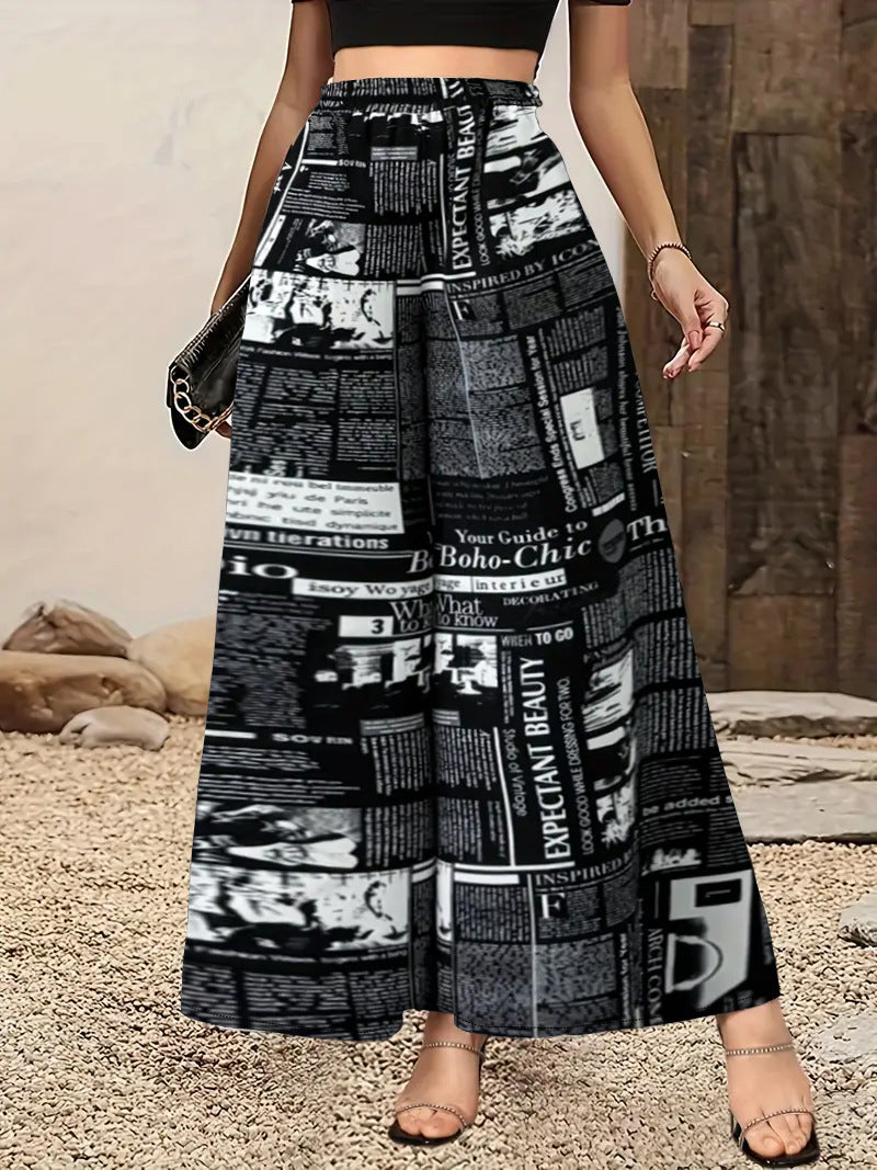 Ladies Wide-Leg Newspaper Print Pants Ivyshape
