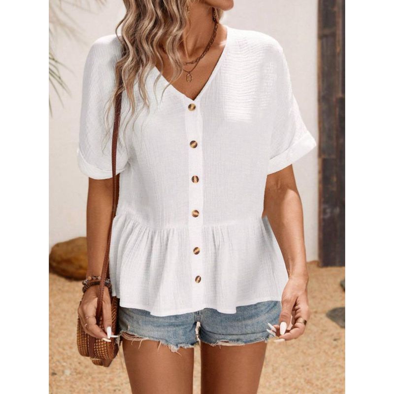 Ladies V-neck blouse with button detail and ruffled hem Ivyshape