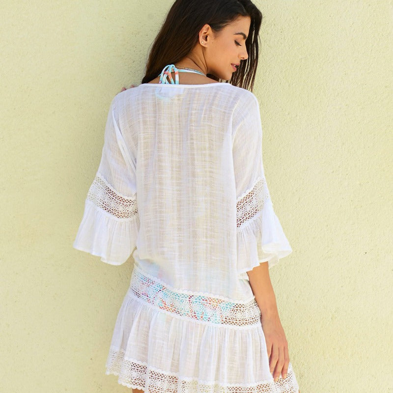 Women's beach dress with refined crochet and ruffle sleeves Ivyshape