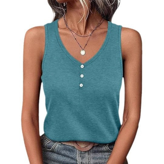 Women's Lightweight V-Neck Sleeveless Top with Button Detail Ivyshape