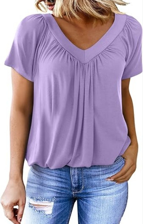 Women Pleated V-Neck Casual Top Ivyshape