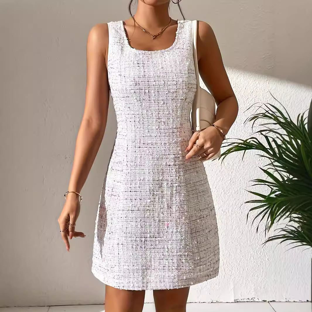 Women Trendy Summer Dress with Textured Fabric and Round Neckline Ivyshape