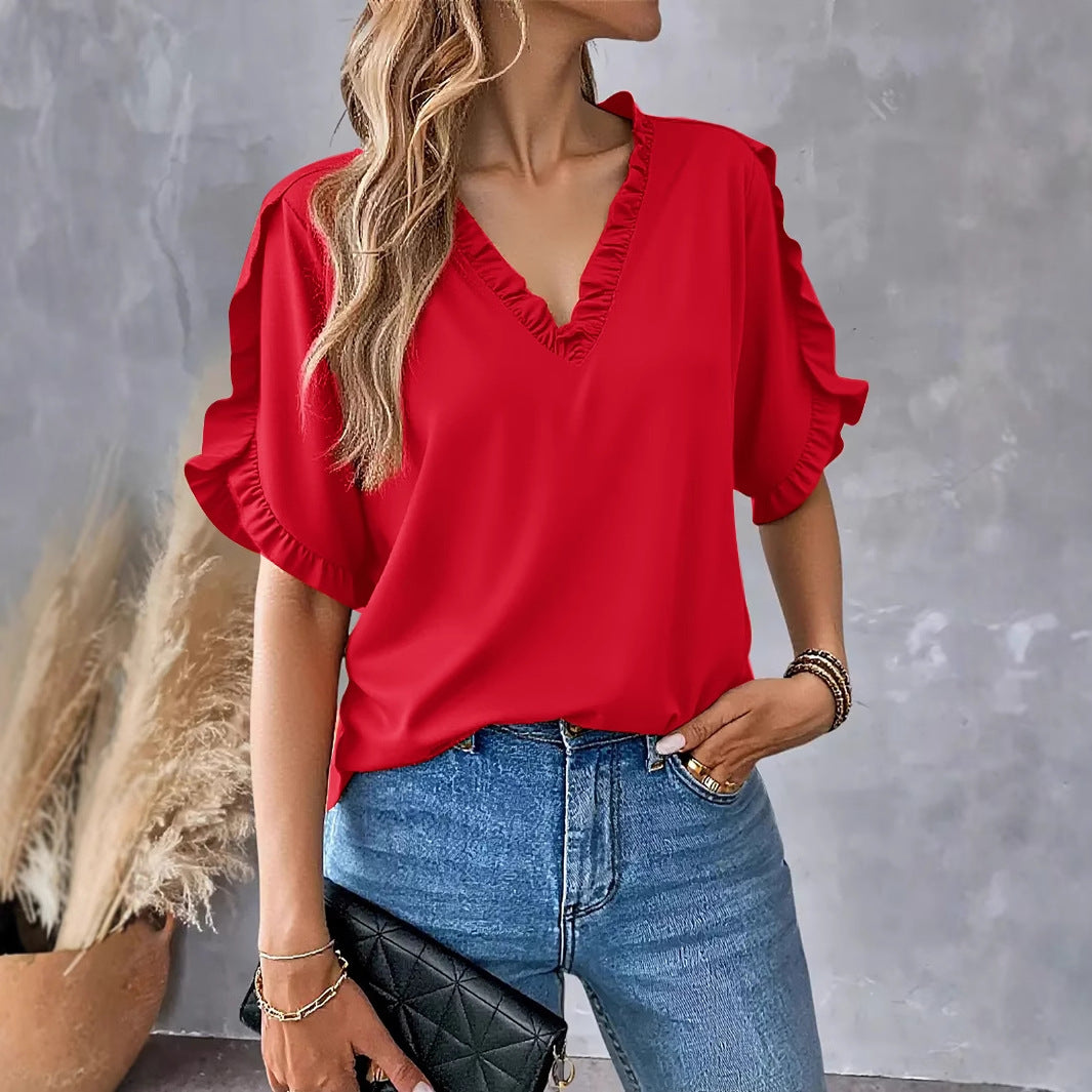Ladies blouse with ruffle details and V-neck Ivyshape