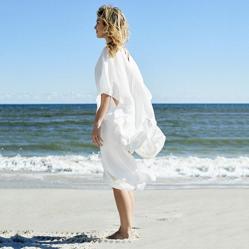 Women's airy beach cover-up with elegant V-neck and flowing coat style Ivyshape