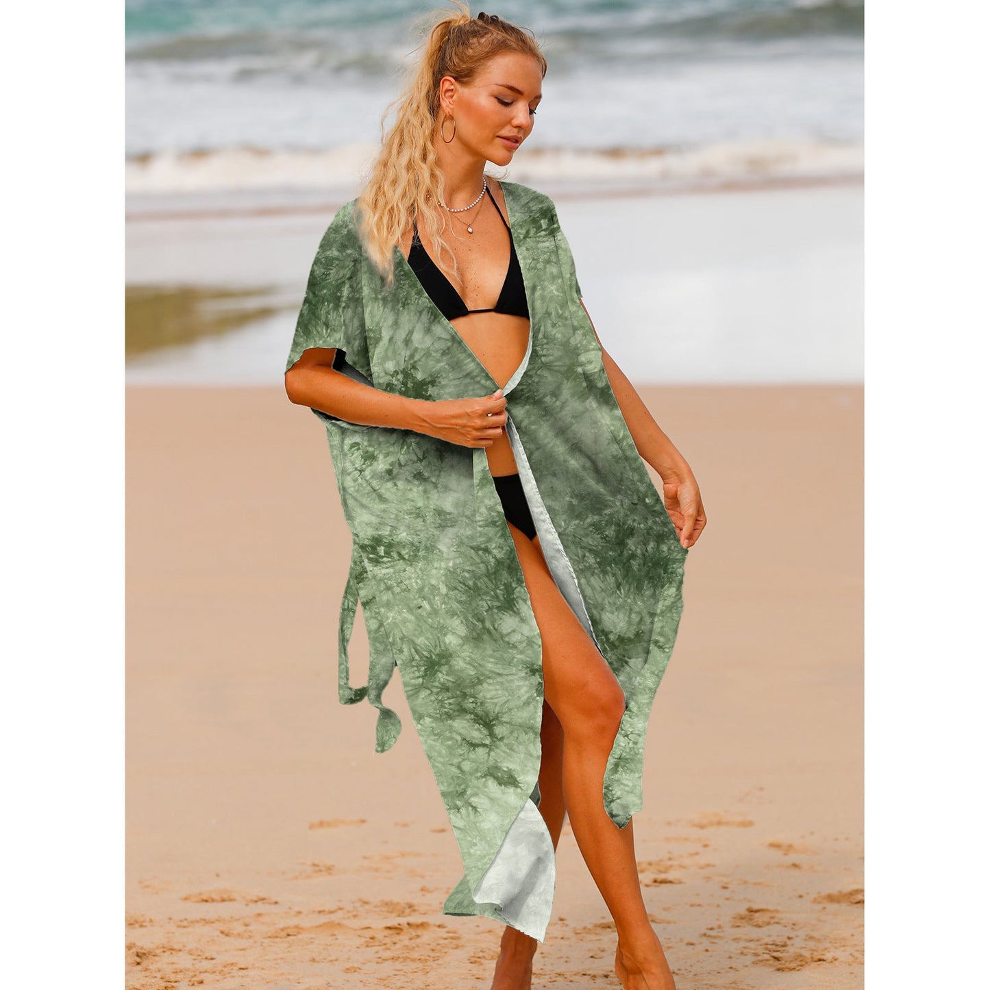 Ladies elegant beach kimono with ornamental print and practical tie bands Ivyshape