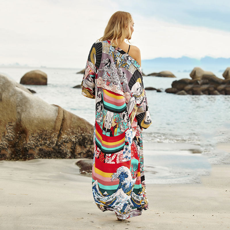 Women's beach kimono with elegant pattern and side slit Ivyshape