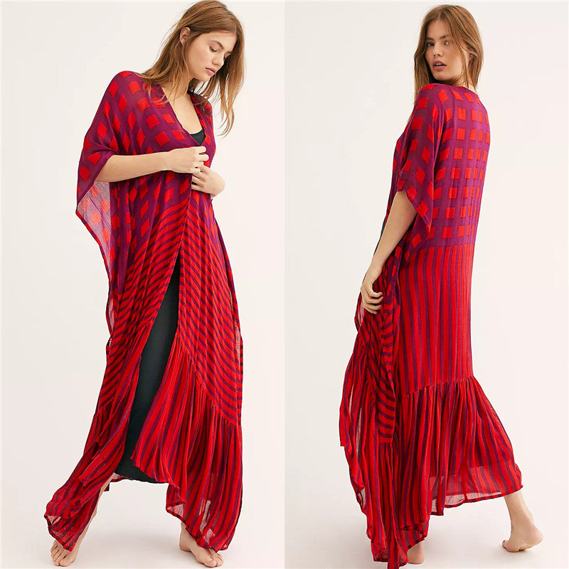 Women's airy beach cover-up with fringed hem and modern stripe details Ivyshape