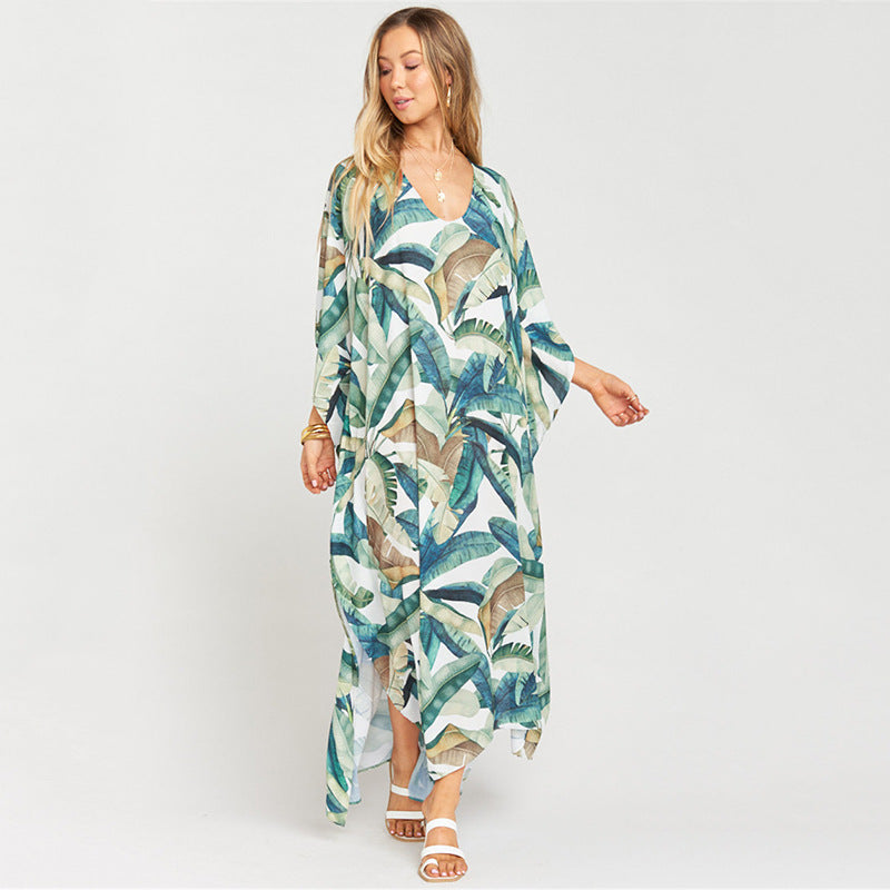 Ladies beach kaftan with floral leaf pattern and elegant cut Ivyshape