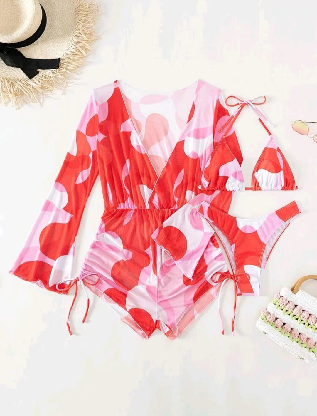 Women's beach dress with deep V-neck and long sleeves Ivyshape