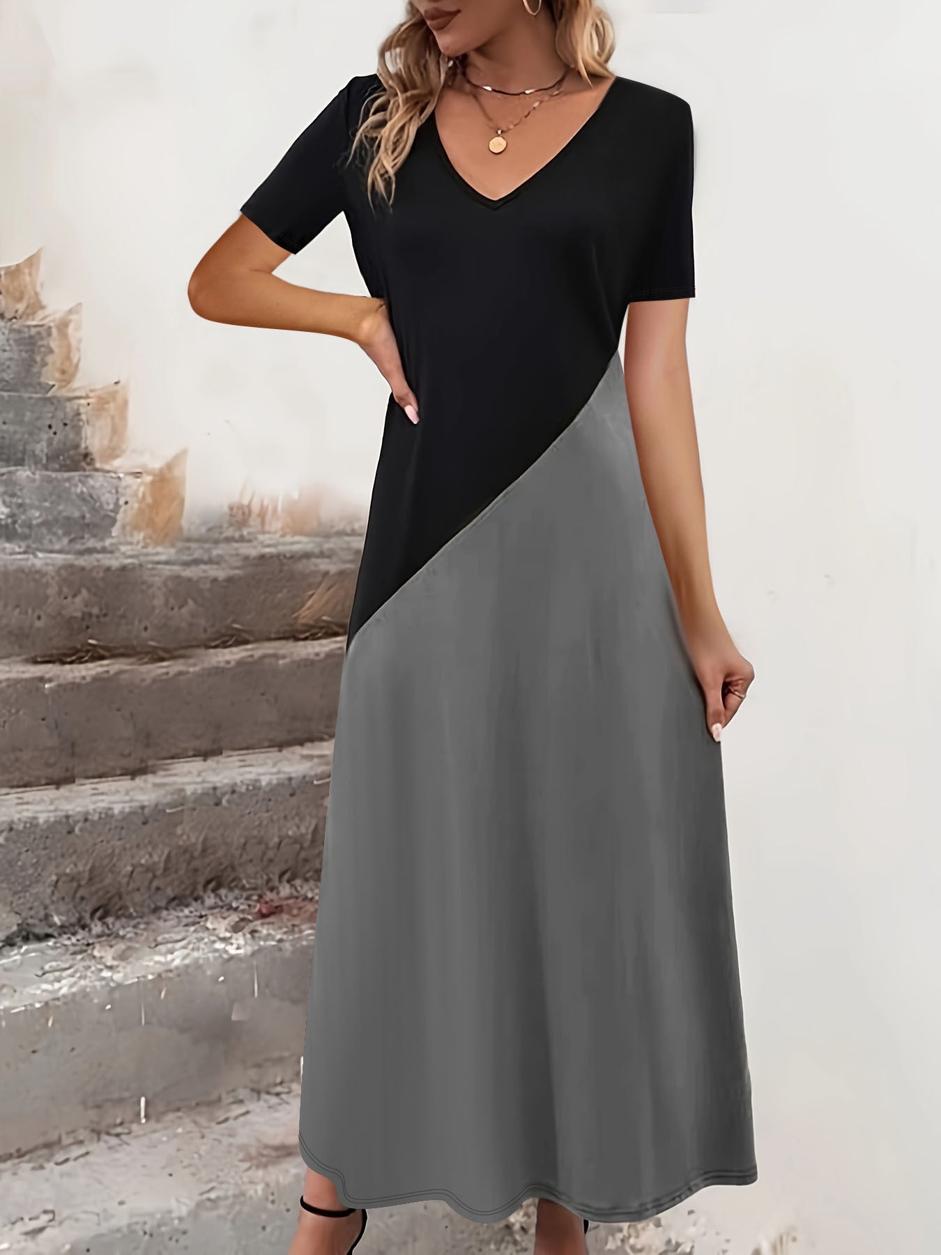 Maxi dress with color block for women Ivyshape