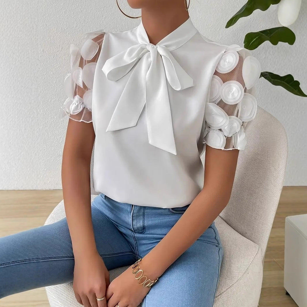 Women's blouse with transparent puff sleeves and chic bow Ivyshape