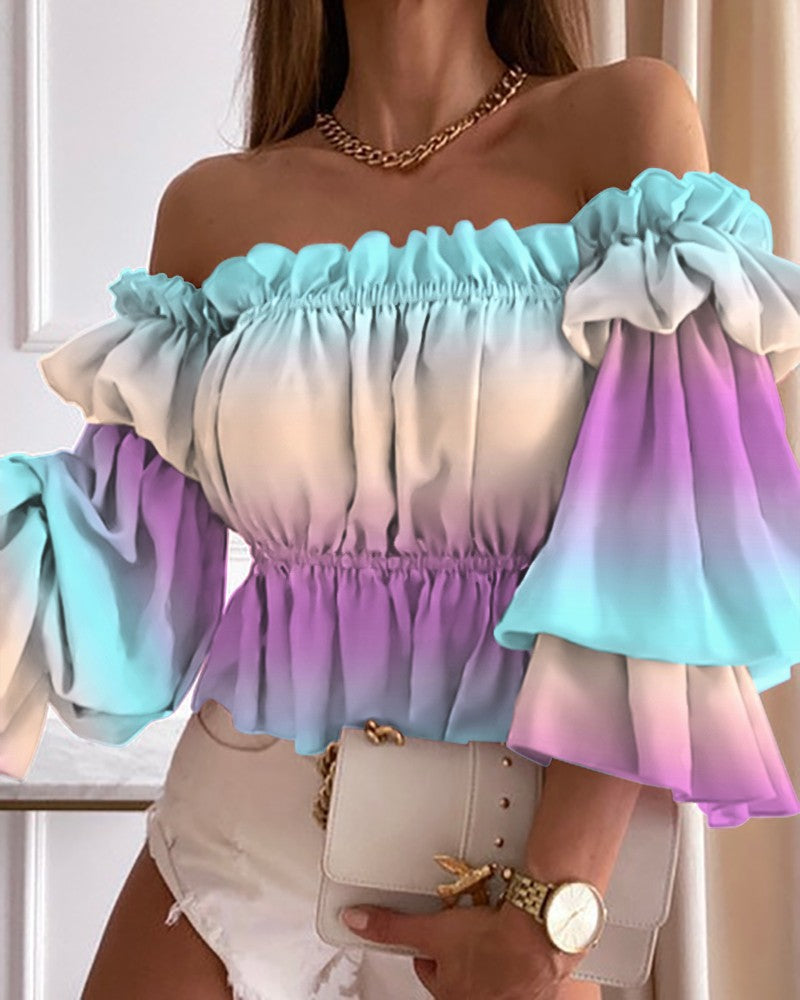 Women's Off-Shoulder Blouse with Voluminous Sleeves and Floral Pattern Ivyshape